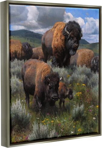 Stupell Industries Bison Herd المناظر الطبيعية الريفية ذات إطار ذهبي من القماش الكتاني بتصميم فني جداري من تصميم كايل سيمز in Kuwait