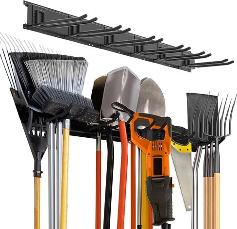 CHARMOUNT Garage Storage Wall Organizer, Wall Mount Rack Hooks Heavy Duty Garden Tool Organizer and Storage, 48 Inch Wall Mount Tool Organization with 6 Hooks, Tracks Max Load 600lbs in Kuwait