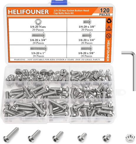 HELIFOUNER 120 Pieces 5 Sizes 304 Stainless Steel 1/4-20 x 3/8" 1/2" 5/8" 3/4" 1" UNC Thread Hex Button Head Cap Bolts Kit in Saudi Arabia