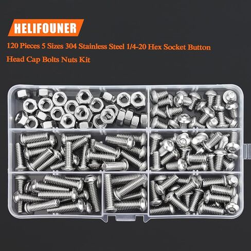 HELIFOUNER 120 Pieces 5 Sizes 304 Stainless Steel 1/4-20 x 3/8" 1/2" 5/8" 3/4" 1" UNC Thread Hex Button Head Cap Bolts Kit in Saudi Arabia