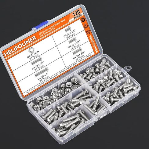 HELIFOUNER 120 Pieces 5 Sizes 304 Stainless Steel 1/4-20 x 3/8" 1/2" 5/8" 3/4" 1" UNC Thread Hex Button Head Cap Bolts Kit in Saudi Arabia