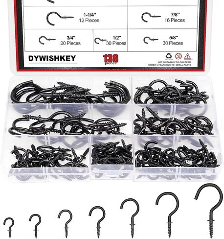 خطافات براغي للأكواب للتعليق، مجموعة خطافات أكواب DYWISHKEY 136 قطعة 7 مقاسات، خطافات أكواب مطلية بالزنك الأسود للمنزل والمكتب ومكان العمل (1/2 بوصة، 5/8 بوصة، 3/4 بوصة، 7/8 بوصة، 1) ''، 1-1/4 بوصة، 1-1/2 بوصة in Saudi Arabia