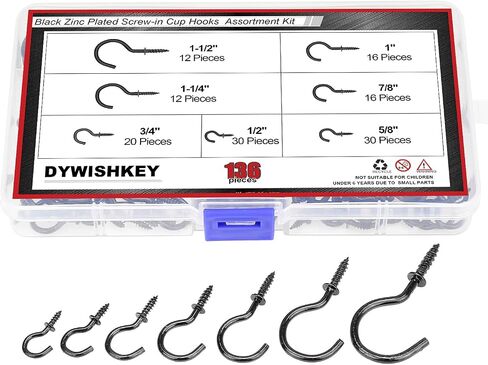 خطافات براغي للأكواب للتعليق، مجموعة خطافات أكواب DYWISHKEY 136 قطعة 7 مقاسات، خطافات أكواب مطلية بالزنك الأسود للمنزل والمكتب ومكان العمل (1/2 بوصة، 5/8 بوصة، 3/4 بوصة، 7/8 بوصة، 1) ''، 1-1/4 بوصة، 1-1/2 بوصة in Saudi Arabia