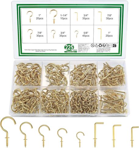 225 قطعة من خطافات المسمار من WUJIAQIU، خطاطيف تثبيت على شكل كأس، خطافات لولبية للسقف ذهبية صغيرة، خطافات مج معدنية على شكل حرف L للاستخدام الداخلي والخارجي على الحائط، أواني تعليق السلال، أضواء الزينة in Kuwait