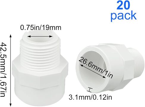20 قطعة 3/4 انش محول من بلاستيك PVC ذكر (مقبس × خيط انبوب ذكر) محول خرطوم من بلاستيك PVC ثنائي الاتجاه اقتران اقتران من بلاستيك PVC ذكر جدول 40 محول اقتران للاستخدام المنزلي الداخلي والخارجي in Kuwait