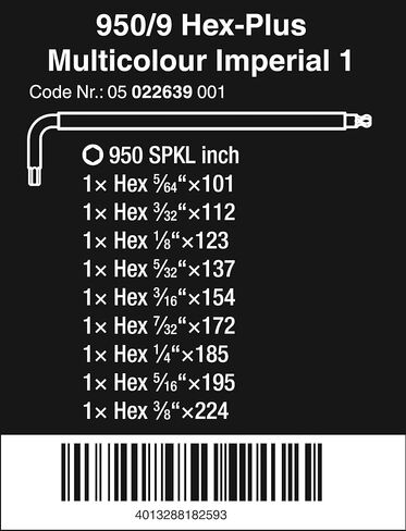 Wera Tools 05073593001 950 SPKL/9 SM N SB مجموعة مفاتيح سداسية ذات ذراع طويل، مقاس واحد، متعدد in Kuwait