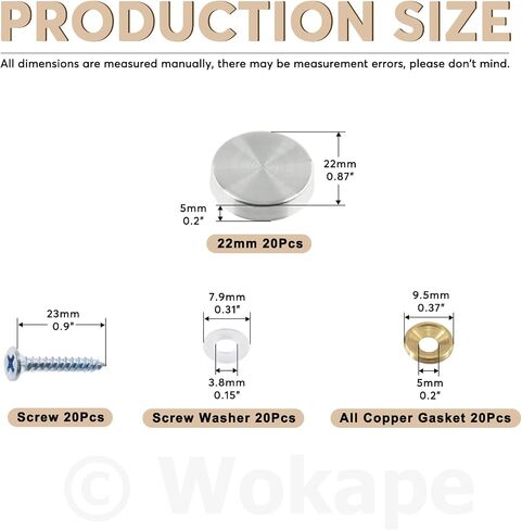 Wokape 20 مجموعة 0.87 بوصة/22 مم طقم أغطية براغي مرآة من الفولاذ المقاوم للصدأ، براغي مرآة أغطية زخرفية تغطي الأظافر مع مثبتات براغي لخزانة الملابس، أجهزة الإعلان اللافتة، الحمام in Kuwait