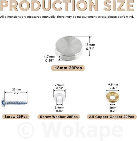 Wokape 20 مجموعة 0.87 بوصة/22 مم طقم أغطية براغي مرآة من الفولاذ المقاوم للصدأ، براغي مرآة أغطية زخرفية تغطي الأظافر مع مثبتات براغي لخزانة الملابس، أجهزة الإعلان اللافتة، الحمام in Kuwait