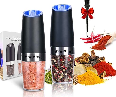 Electric Salt and Pepper Grinder Set, Gravity Sensor, Automatic Pepper Mill, One Hand Operation, Battery-Operated with Adjustable Coarseness, Blue Led Light (Black 1 Pack) in Kuwait