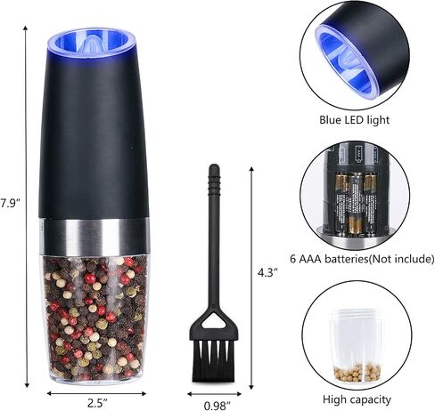 Electric Salt and Pepper Grinder Set, Gravity Sensor, Automatic Pepper Mill, One Hand Operation, Battery-Operated with Adjustable Coarseness, Blue Led Light (Black 1 Pack) in Kuwait