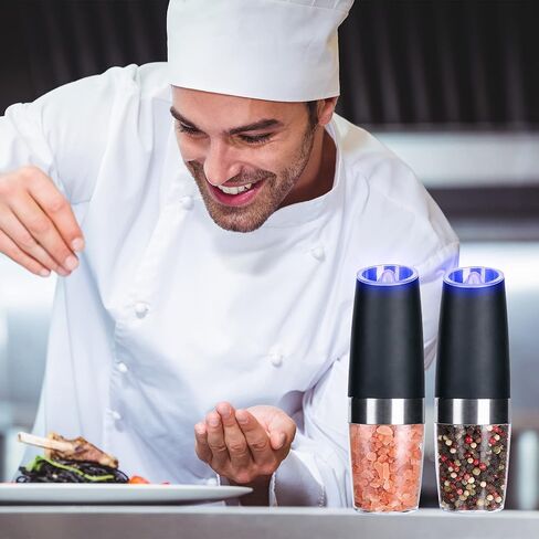 Electric Salt and Pepper Grinder Set, Gravity Sensor, Automatic Pepper Mill, One Hand Operation, Battery-Operated with Adjustable Coarseness, Blue Led Light (Black 1 Pack) in Kuwait