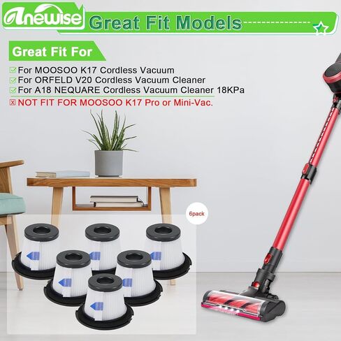 اينوايز 6 عبوات فلاتر هيبا للمكنسة الكهربائية اللاسلكية اورفيلد V20، متوافقة مع مكنسة موسو K17 اللاسلكية ومكنسة كهربائية لاسلكية A18 نيكوار، 18 كيلو باسكال، ليست لموسو كيه 17 برو او ميني فاك in Kuwait