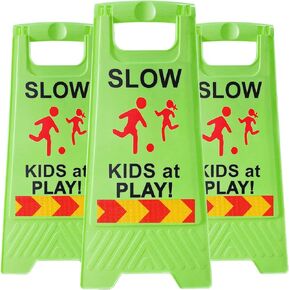 Slow Kids at Play Signs for Street, Double-Sided Text and Graphics with Reflective Tape, Children at Play Safety Sign for Neighborhoods Schools Park Sidewalk Driveway (2-Pack Green)