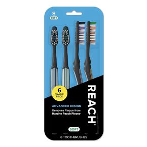 Reach Advanced Design Toothbrush with Toothbrush Cap, Angled Neck, Soft Bi-Level Bristles, Contoured Handle, Tongue Scraper, 6 Count (Pack of 2) in Saudi Arabia