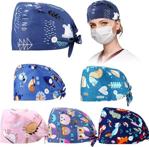 6 Pieces Women Scrub Caps Surgical Caps with Buttons Working Cap Adjustable Sweatband Bouffant Hats (Cute Animals) in Saudi Arabia
