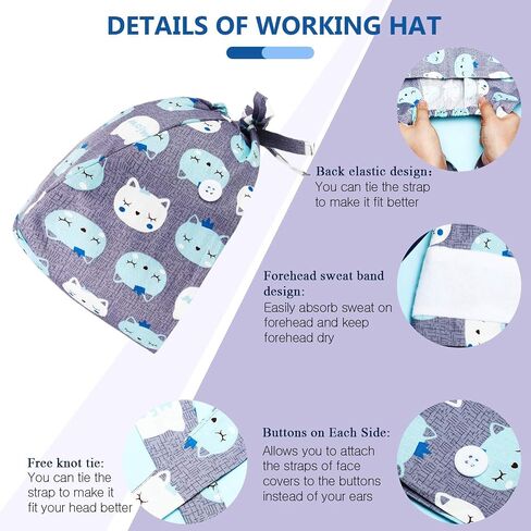 6 Pieces Women Scrub Caps Surgical Caps with Buttons Working Cap Adjustable Sweatband Bouffant Hats (Cute Animals) in Saudi Arabia