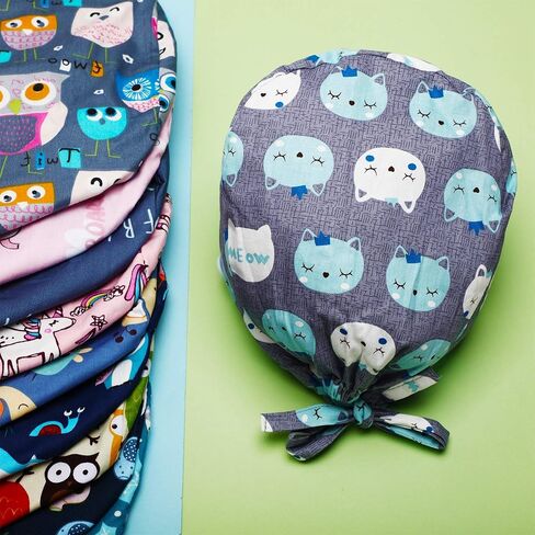 6 Pieces Women Scrub Caps Surgical Caps with Buttons Working Cap Adjustable Sweatband Bouffant Hats (Cute Animals) in Saudi Arabia