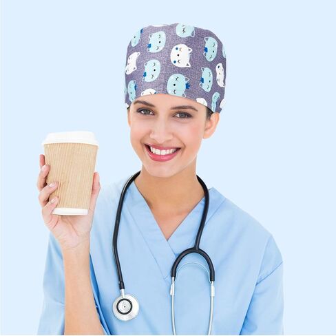 6 Pieces Women Scrub Caps Surgical Caps with Buttons Working Cap Adjustable Sweatband Bouffant Hats (Cute Animals) in Saudi Arabia