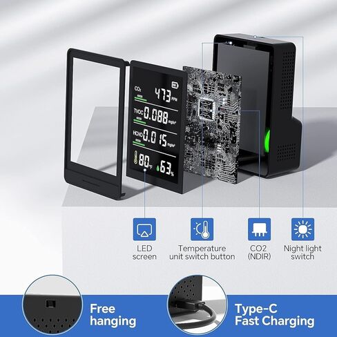 مراقب جودة الهواء، ثاني أكسيد الكربون الاحترافي والدقيق، TVOC، HCHO، عداد جسيمات الرطوبة ودرجة الحرارة، للمنزل، المكتب، المدرسة، الفندق، السيارة in Kuwait