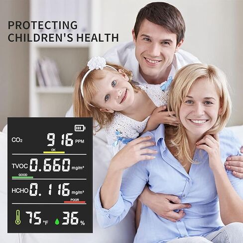 مراقب جودة الهواء، ثاني أكسيد الكربون الاحترافي والدقيق، TVOC، HCHO، عداد جسيمات الرطوبة ودرجة الحرارة، للمنزل، المكتب، المدرسة، الفندق، السيارة in Kuwait