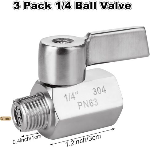 ABuff 3 قطعة صمام كروي من الفولاذ المقاوم للصدأ 1/4 "NPT ذكر x NPT أنثى صمامات كروية صغيرة صمام الإغلاق مع مقبض من الفولاذ المقاوم للصدأ in Kuwait