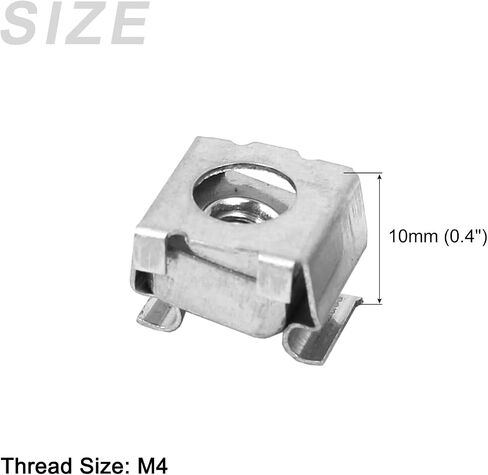 صواميل قفص معدنية (M4x10mm) 20 قطعة، صواميل قفص من الفولاذ المقاوم للصدأ مثبتة على فتحة مربعة - لرف خزانة رف الخادم، لون فضي in Kuwait