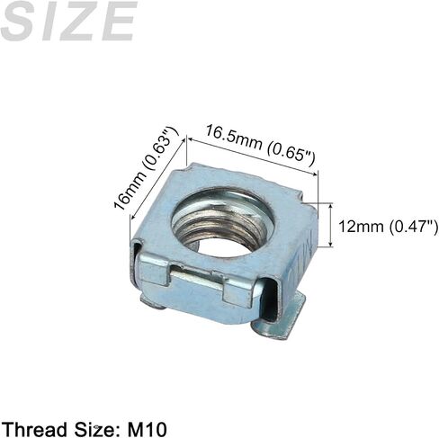 صواميل قفص METALLIXITY (M10x16.5mm) 20 قطعة، قفص الأجهزة ذو الفتحة المربعة المطلية بالزنك من الفولاذ الكربوني - لرف خزانة رف الخادم، لون فضي in Kuwait
