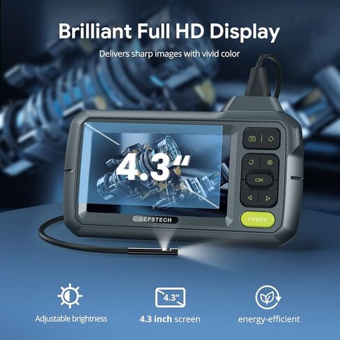 DEPSTECH عدسة مزدوجة Borescope، كاميرا فحص فيديو 0.21 بوصة، كاميرا منظار 1080P مع ضوء، كاميرا مجاري مع شاشة LCD مقاس 4.3 بوصة، 7 مصابيح LED، كابل شبه صلب بطول 16.5 قدم، بطاقة 32 جيجابايت in Kuwait