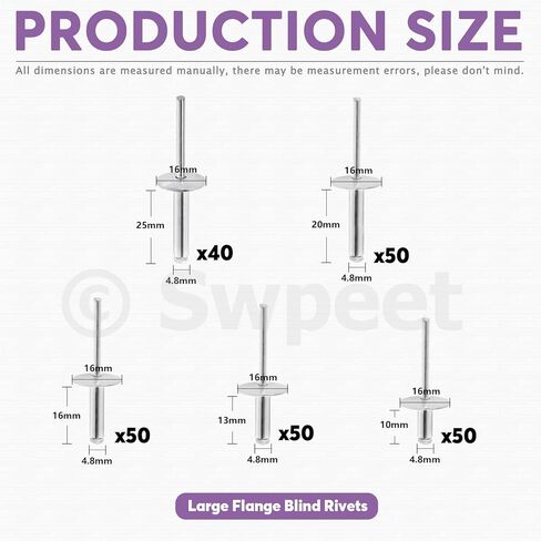 Swpeet 240 قطعة 3/16 بوصة × 3/8 بوصة / 1/2 بوصة / 5/8 بوصة/ 3/4 بوصة/ 1 بوصة مجموعة مسامير عمياء من الألومنيوم ذات شفة كبيرة، مسامير فضية من نوع البوب ​​برشام مفتوح للاستخدام الداخلي والخارجي in Kuwait