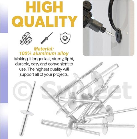 Swpeet 240 قطعة 3/16 بوصة × 3/8 بوصة / 1/2 بوصة / 5/8 بوصة/ 3/4 بوصة/ 1 بوصة مجموعة مسامير عمياء من الألومنيوم ذات شفة كبيرة، مسامير فضية من نوع البوب ​​برشام مفتوح للاستخدام الداخلي والخارجي in Kuwait