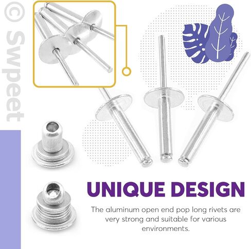 Swpeet 240 قطعة 3/16 بوصة × 3/8 بوصة / 1/2 بوصة / 5/8 بوصة/ 3/4 بوصة/ 1 بوصة مجموعة مسامير عمياء من الألومنيوم ذات شفة كبيرة، مسامير فضية من نوع البوب ​​برشام مفتوح للاستخدام الداخلي والخارجي in Kuwait