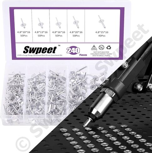 Swpeet 240 قطعة 3/16 بوصة × 3/8 بوصة / 1/2 بوصة / 5/8 بوصة/ 3/4 بوصة/ 1 بوصة مجموعة مسامير عمياء من الألومنيوم ذات شفة كبيرة، مسامير فضية من نوع البوب ​​برشام مفتوح للاستخدام الداخلي والخارجي in Kuwait