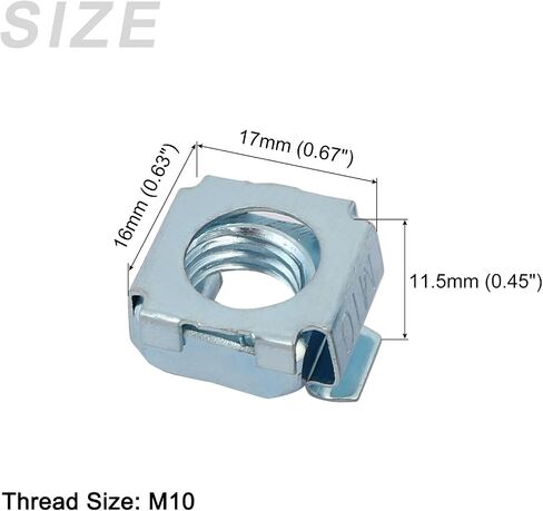 صواميل قفص METALLIXITY (M10x17mm) 15 قطعة، 65Mn حامل فولاذي زنبركي مثبت بفتحة مربعة صواميل قفص - لرف خزانة رف الخادم، لون فضي in Saudi Arabia