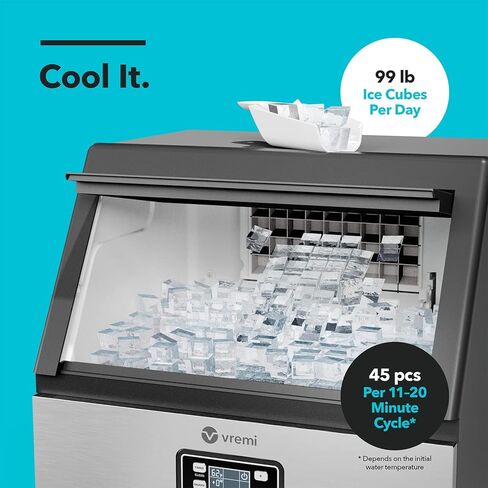 Vremi Commercial Grade Ice Maker - Produces 99 Pounds of Ice in 24 Hrs with 29 Pounds Storage Bin - Stainless Steel, Freestanding Automatic Clear Cube Ice Making Machine Perfect for Home or Business in Kuwait