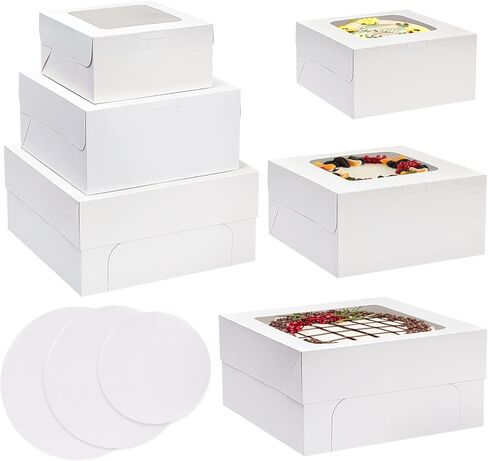 20 قطعة من علب الكيك مع نافذة من موريتو، علب مخبوزات بيضاء 20 قطعة من ألواح الكيك، 3 مقاسات 12x12x6، 10x10x5 و8x8x4 بوصة، علب حلوى الفطيرة القوية والكب كيك والدونات والمعجنات in Kuwait