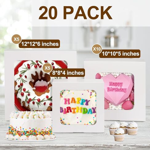 20 قطعة من علب الكيك مع نافذة من موريتو، علب مخبوزات بيضاء 20 قطعة من ألواح الكيك، 3 مقاسات 12x12x6، 10x10x5 و8x8x4 بوصة، علب حلوى الفطيرة القوية والكب كيك والدونات والمعجنات in Kuwait