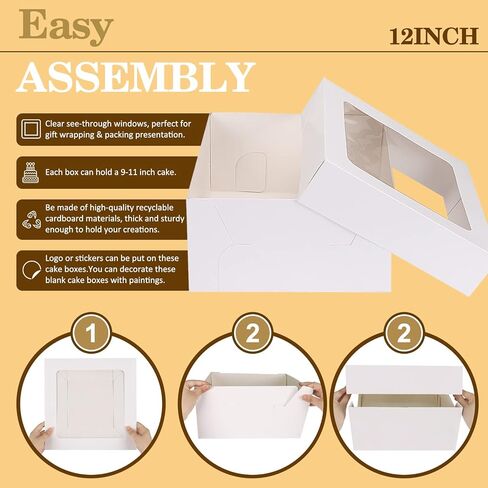 20 قطعة من علب الكيك مع نافذة من موريتو، علب مخبوزات بيضاء 20 قطعة من ألواح الكيك، 3 مقاسات 12x12x6، 10x10x5 و8x8x4 بوصة، علب حلوى الفطيرة القوية والكب كيك والدونات والمعجنات in Kuwait