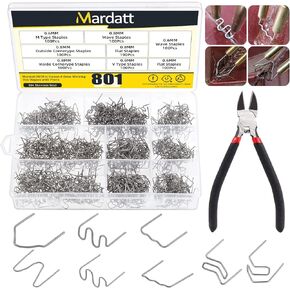Mardatt 801Pcs 8 Types Hot Staples Repair Welding Kit with Cutter Pliers, Flat Wave Outside Inside Corner M V Shape Welding Rods Hot Stapler Staples for Car Machine Bumpers (0.6/0.8mm) in Saudi Arabia