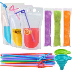 SelfTek 121 قطعة من أكياس المشروبات للبالغين، أكياس عصير عصير قابلة للإغلاق مع شفاطات ×30 وقمع ×1، 60 كيس مصاصات، أكياس بلاستيكية شفافة لأكياس المشروبات للبالغين والأطفال in Kuwait