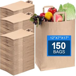 150 قطعة من أكياس البقالة الورقية بمقابض من Fuutreo مقاس 12 بوصة × 7 بوصة × 17 بوصة من ورق الكرافت البني وأكياس البقالة أكياس التسوق بوزن 70 رطلًا وأكياس ورقية كبيرة شديدة التحمل وأكياس البيع بالتجزئة وأكياس أكياس الورق السائبة وحقائب الهدايا الجاهزة in Kuwait