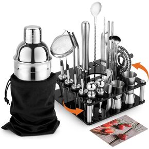 KINGROW Mixology Cocktail Shaker Set - Complete 29-Piece Bartender Kit and Bar Tools with Acrylic Rotating Stand, Professional Bar Set for Drink Mixing, Home, Bar, Party (Black)