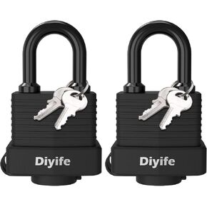 Padlock with Key, [1 Pack] [2 Keys] Diyife Padlock Waterproof Lock Key Padlocks 40mm Heavy Duty Padlocks Anticut, Oustside Laminated Steel for Gym Locker, Garage, Fence, Shed, Yard,Outdoor & Indoor