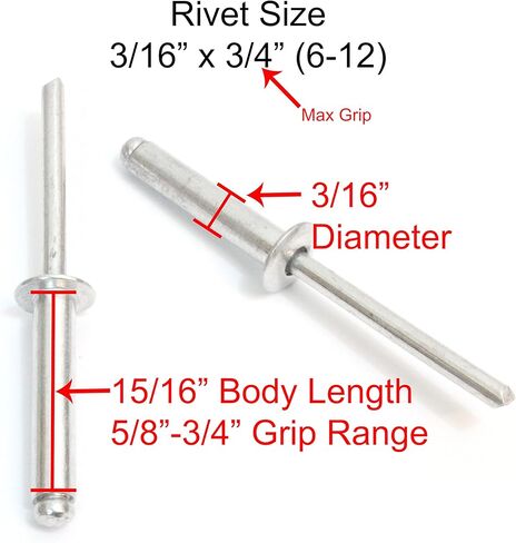 Rivets, Aluminum, 3/16" x 1" Inch, (6-16), Choose Size, Gap (.75-1)" (100 Pack), Blind Rivet by Bolt Dropper. in Kuwait