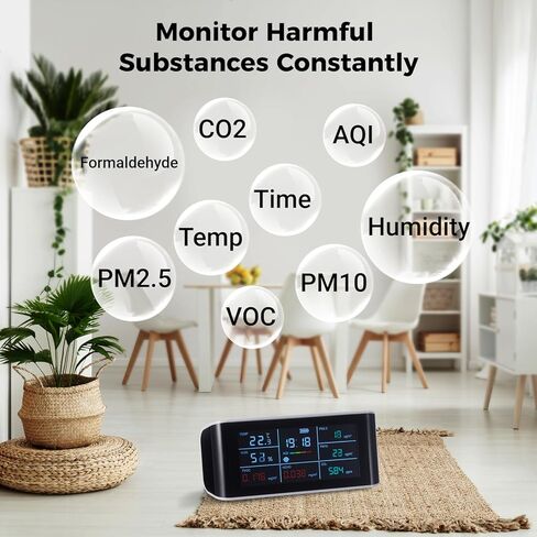 9-in-1 Air Quality Monitor with CO2 Alarm | Indoor Portable VOC Sensor | Air Detector Tester for Formaldehyde PM2.5 PM10 TVOC HCHO AQI Humidity Temperature in Kuwait