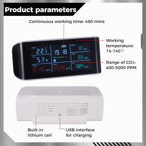 9-in-1 Air Quality Monitor with CO2 Alarm | Indoor Portable VOC Sensor | Air Detector Tester for Formaldehyde PM2.5 PM10 TVOC HCHO AQI Humidity Temperature in Kuwait