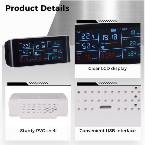 9-in-1 Air Quality Monitor with CO2 Alarm | Indoor Portable VOC Sensor | Air Detector Tester for Formaldehyde PM2.5 PM10 TVOC HCHO AQI Humidity Temperature in Kuwait