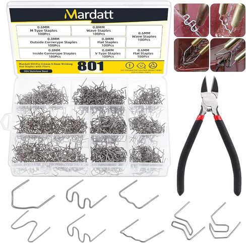Mardatt 801Pcs 8 Types Hot Staples Repair Welding Kit with Cutter Pliers, Flat Wave Outside Inside Corner M V Shape Welding Rods Hot Stapler Staples for Car Machine Bumpers (0.6/0.8mm) in Saudi Arabia