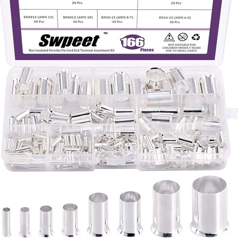 Swpeet 166Pcs 8 Sizes Wire Copper Crimp Fitting Ferrules Assortment Kit, 12 10 8 6 4 2 1/0 2/0 Wire Ferrule Tinned Copper Crimp Connector Electrical Cable Pin Cord End Terminal for Electric Connectors in Saudi Arabia