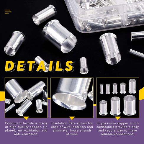 Swpeet 166Pcs 8 Sizes Wire Copper Crimp Fitting Ferrules Assortment Kit, 12 10 8 6 4 2 1/0 2/0 Wire Ferrule Tinned Copper Crimp Connector Electrical Cable Pin Cord End Terminal for Electric Connectors in Saudi Arabia