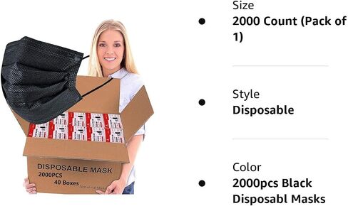 2000PCS Wholesale Bulk Disposable Face Masks, Non Woven Thick 3-Layers Masks Breathable Face Mask for Adults (2000Pcs Black Disposabl Masks) in Saudi Arabia